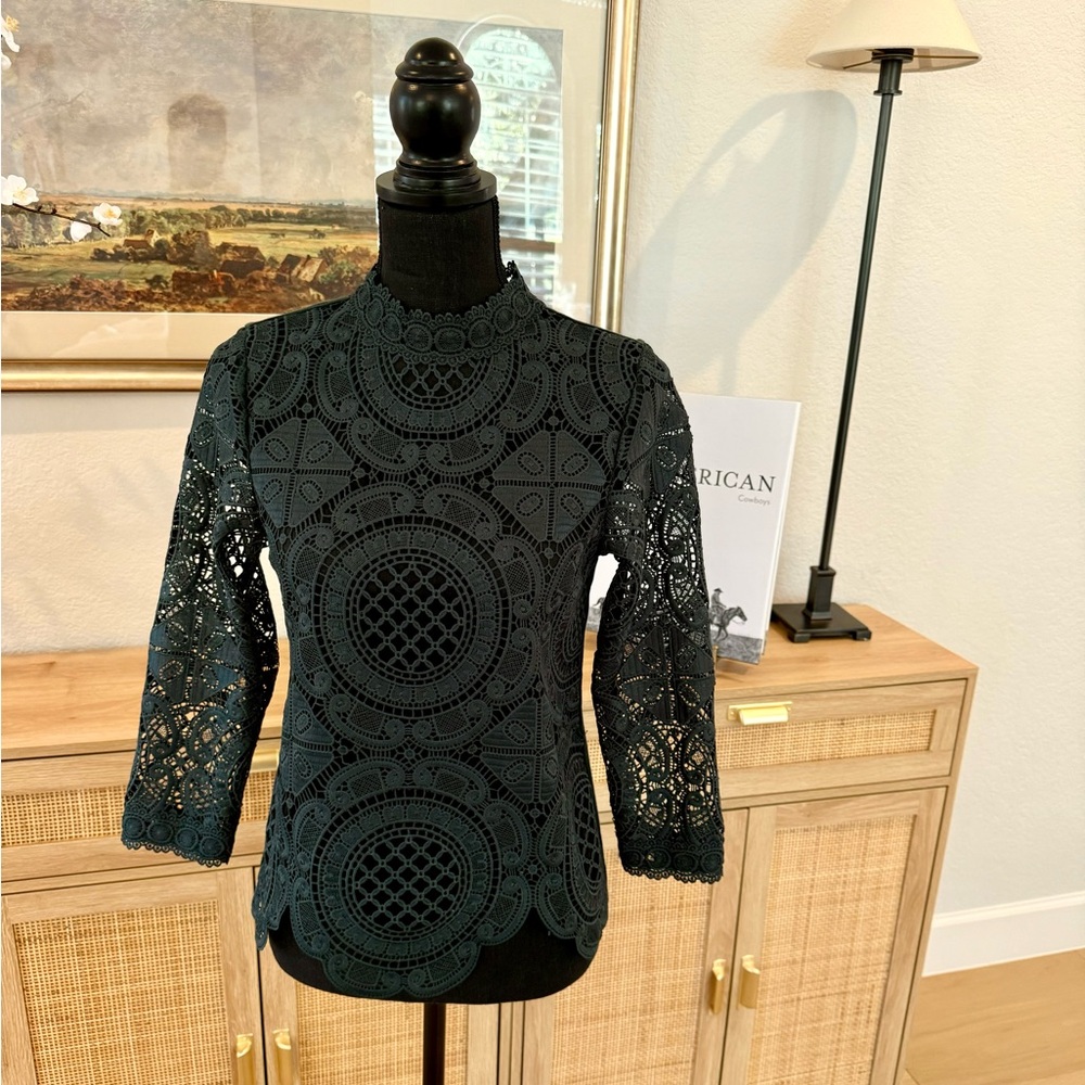 Emerald green open lace James Coviello top